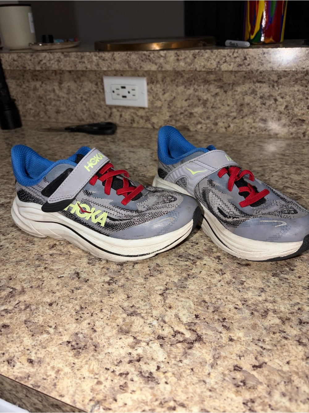 HOKA Kids' Gray and Blue Athletic Sneaker with Red Laces